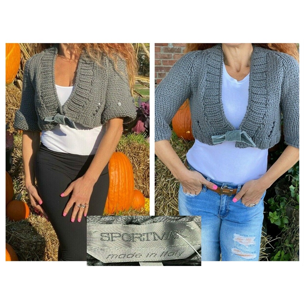 SPORTMAX MAX MARA GRAY KNITTING YARN WOOL CROP SWEATER CARDIGAN  BOLERO SHRUG M